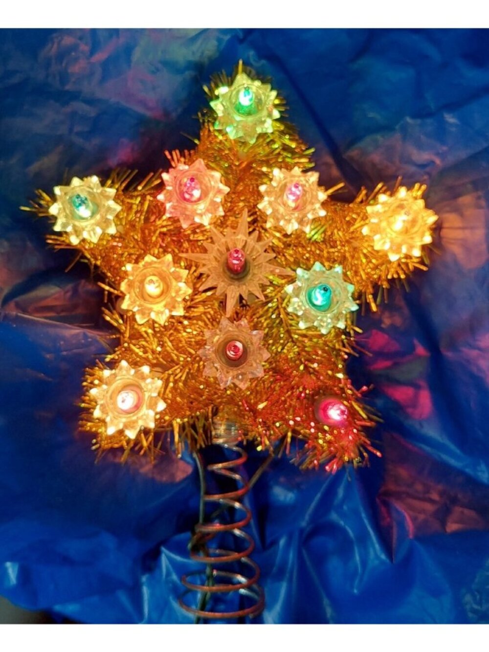 Vintage Gold Tinsel Star 11 Light Up  Christmas Wall Hanging Spring Holder
